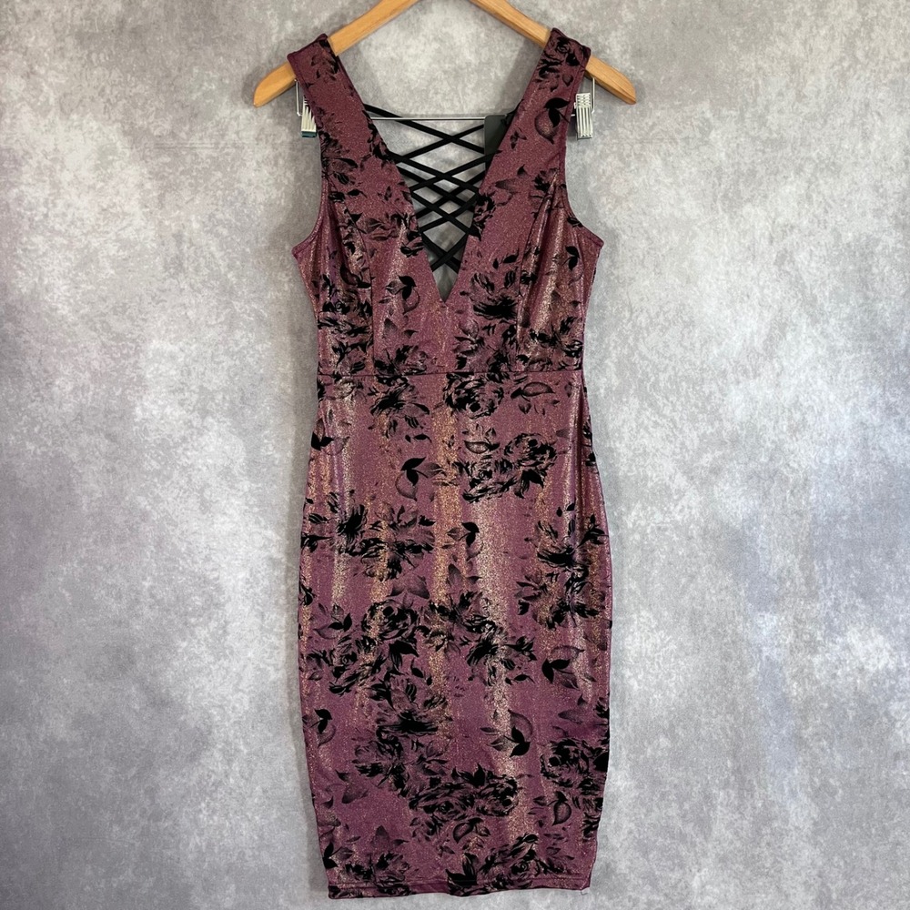 Privy Bodycon Dress Womens Medium Plum Metallic Floral Velvet Lace Up PD4380 NEW